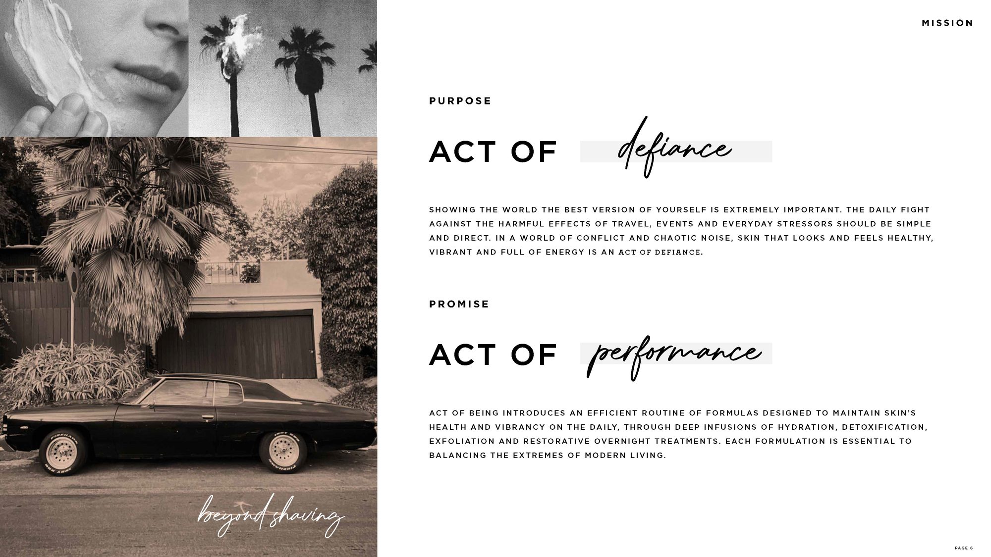 Brand book page: Act of Defiance as purpose and Act of Performance as promise