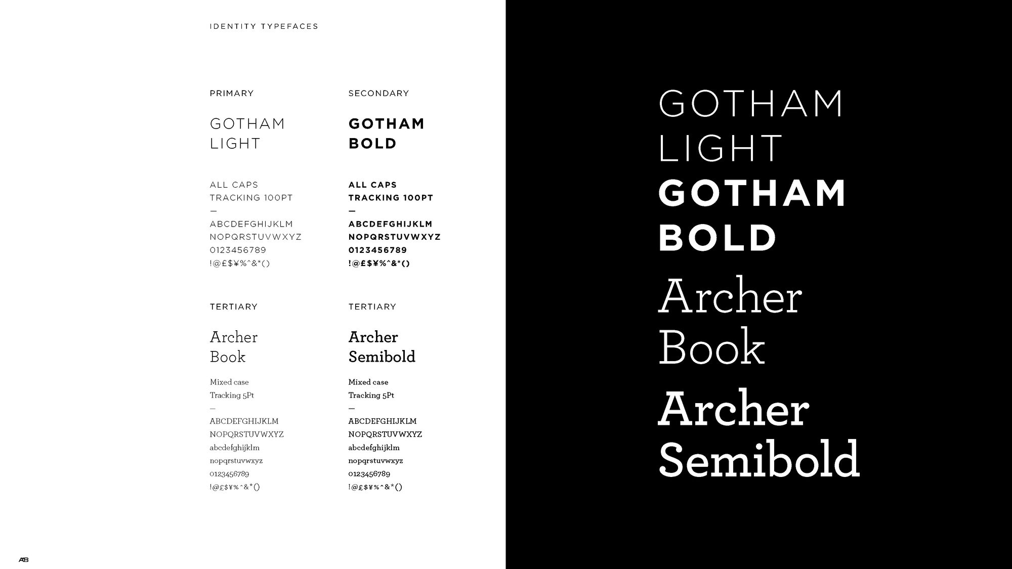 Identity typefaces: Gotham Light and Bold with Archer Book and Semibold