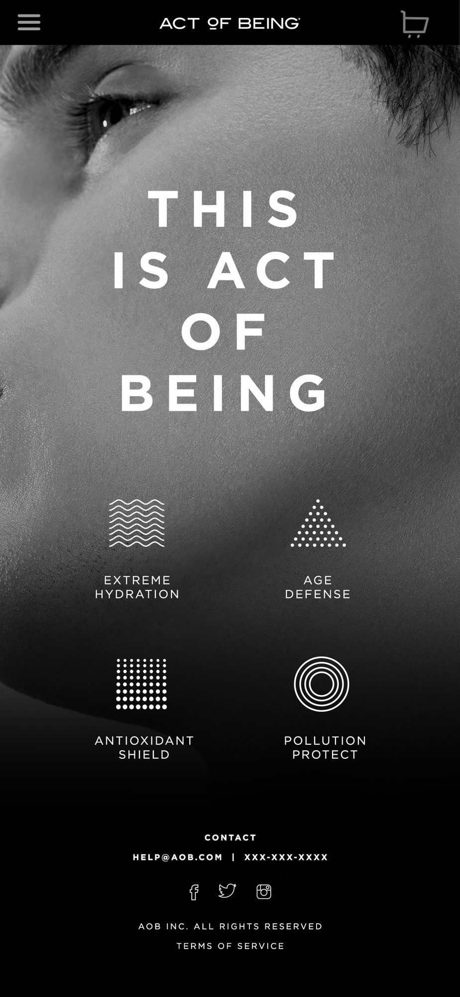 Mobile teaser: This is Act of Being, with the four benefit icons