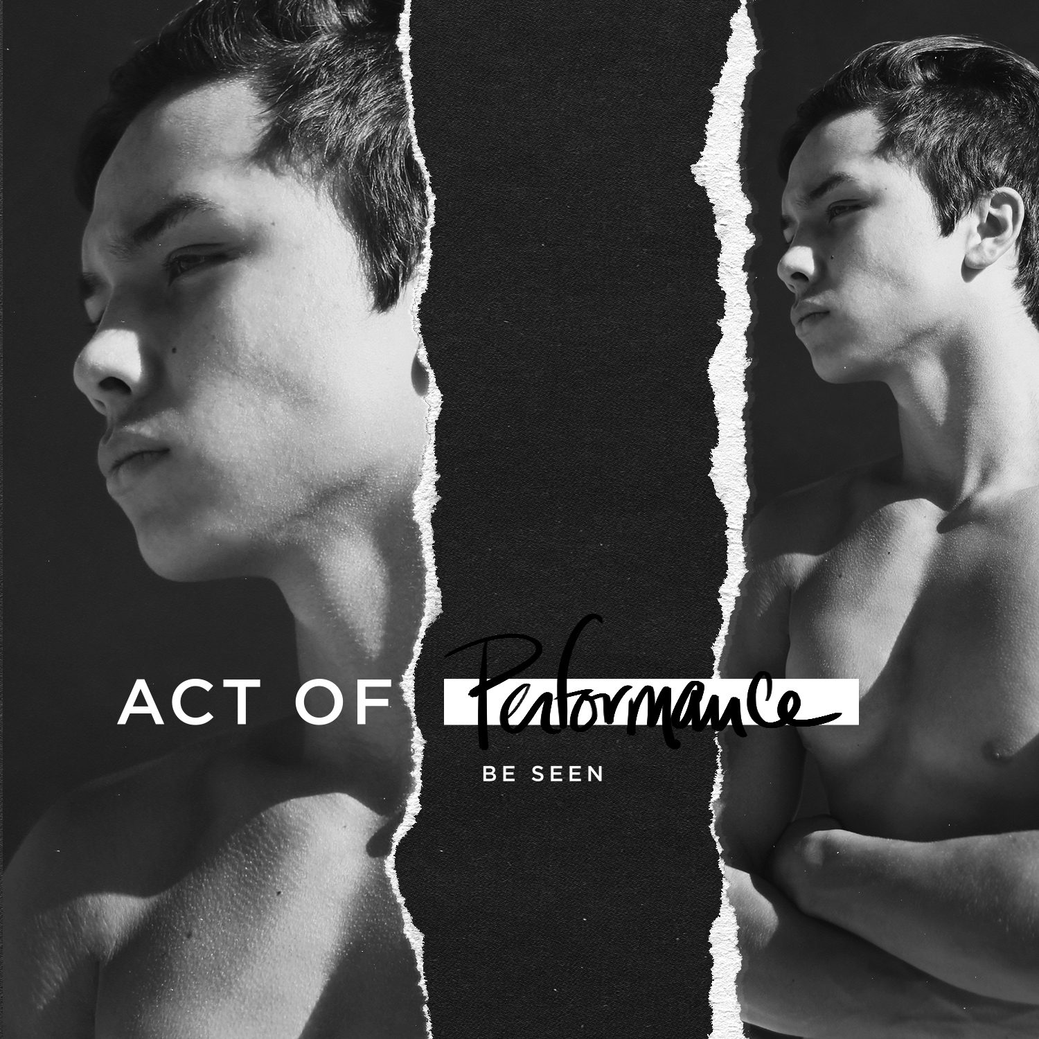 Social post: Act of Performance, torn black-and-white portraits with a hand-lettered word