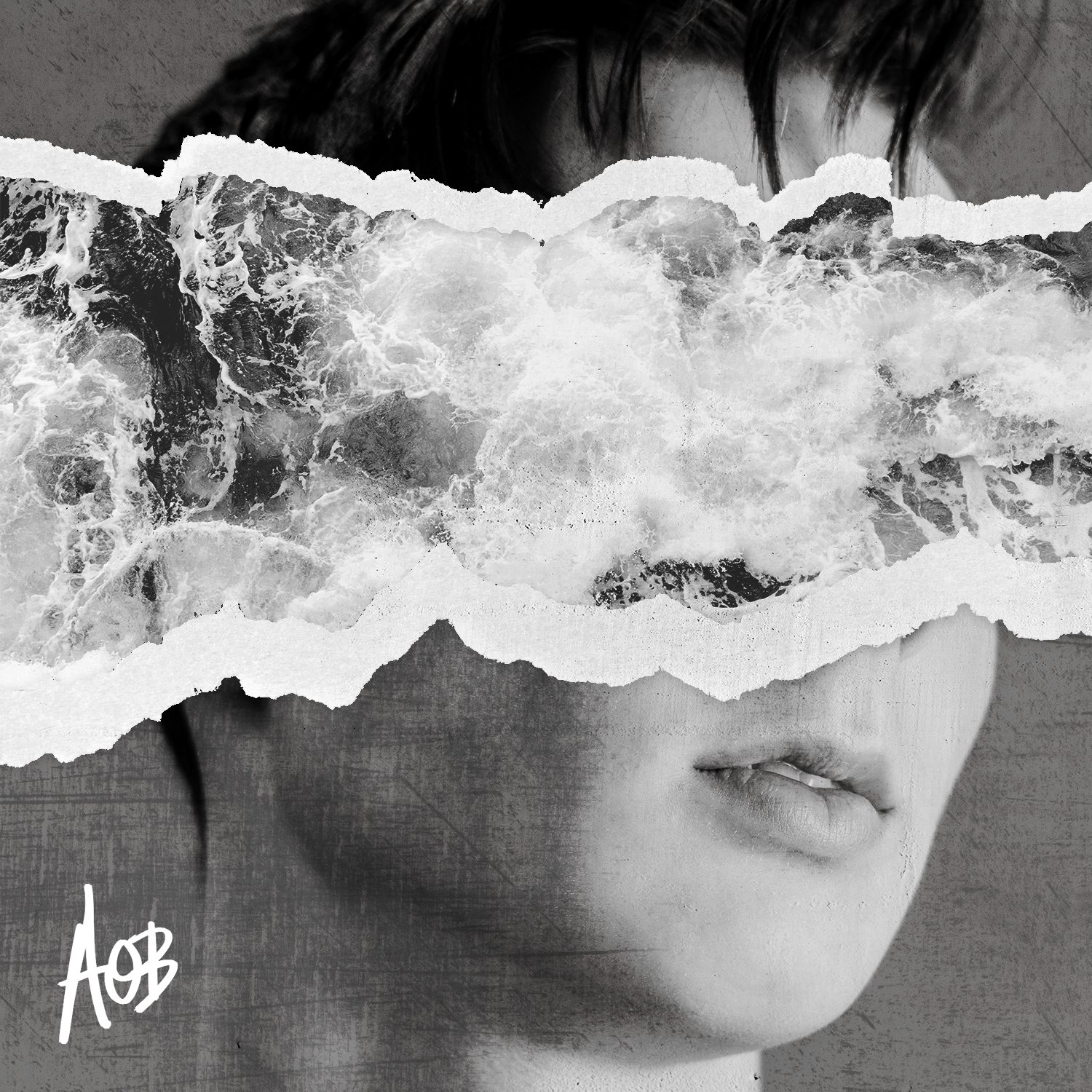 Social post: torn paper of breaking water across a face