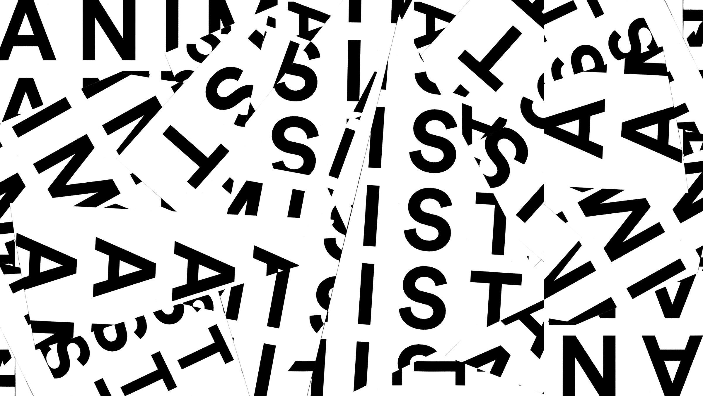 The letters of Animist cut up and collaged in black on white