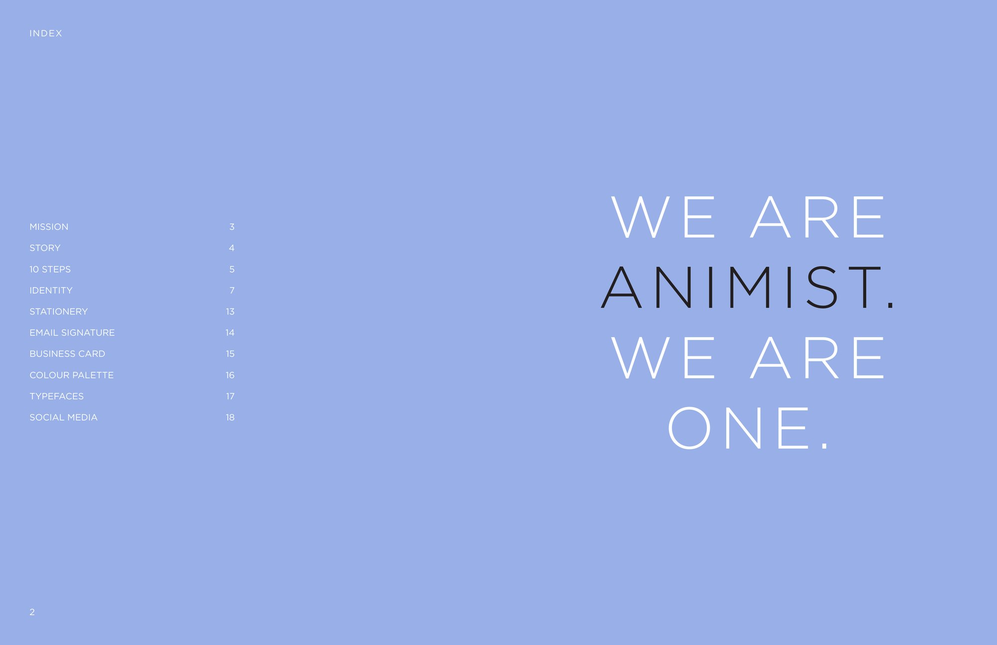 Identity guide index on periwinkle: We are Animist. We are one.