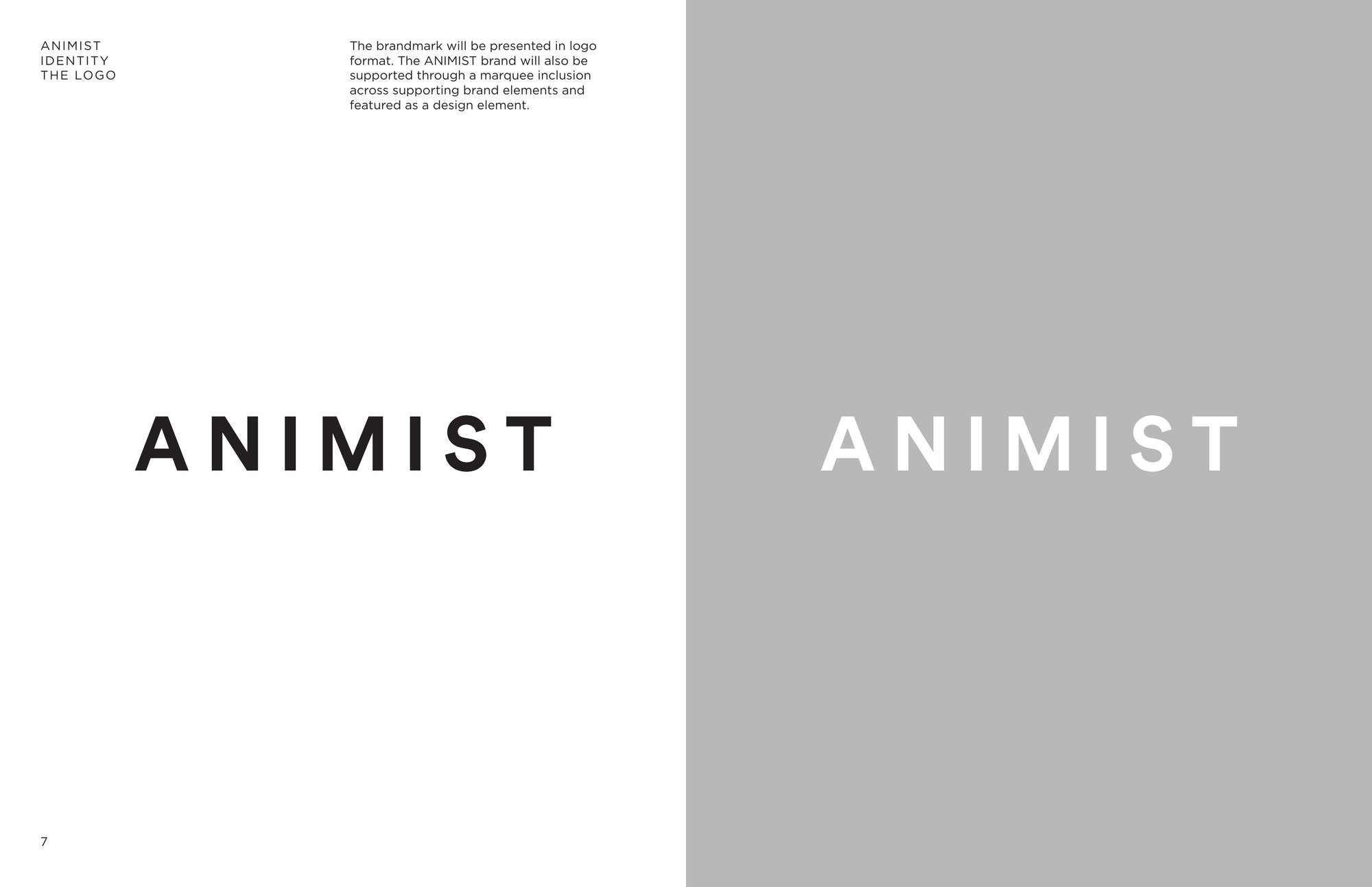The Animist wordmark in black on white and in white on gray