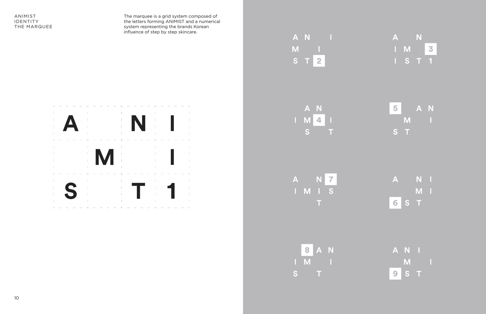 The marquee: the letters of Animist on a grid with the number 1, and eight variations numbered 2 to 9 on gray