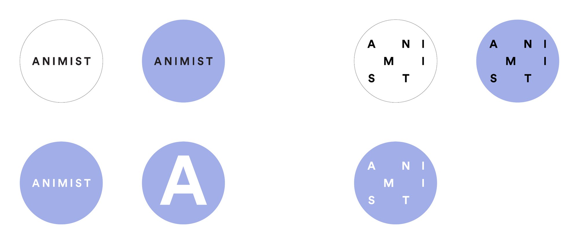 Round social icons in white and periwinkle: the wordmark, the marquee and the A