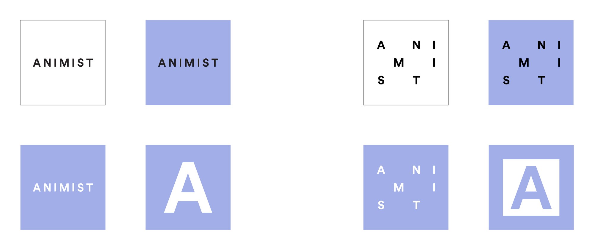 Square social icons in white and periwinkle: the wordmark, the marquee and the A