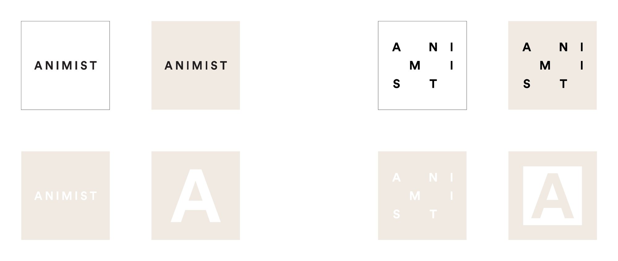 Square social icons in white and cream: the wordmark, the marquee and the A