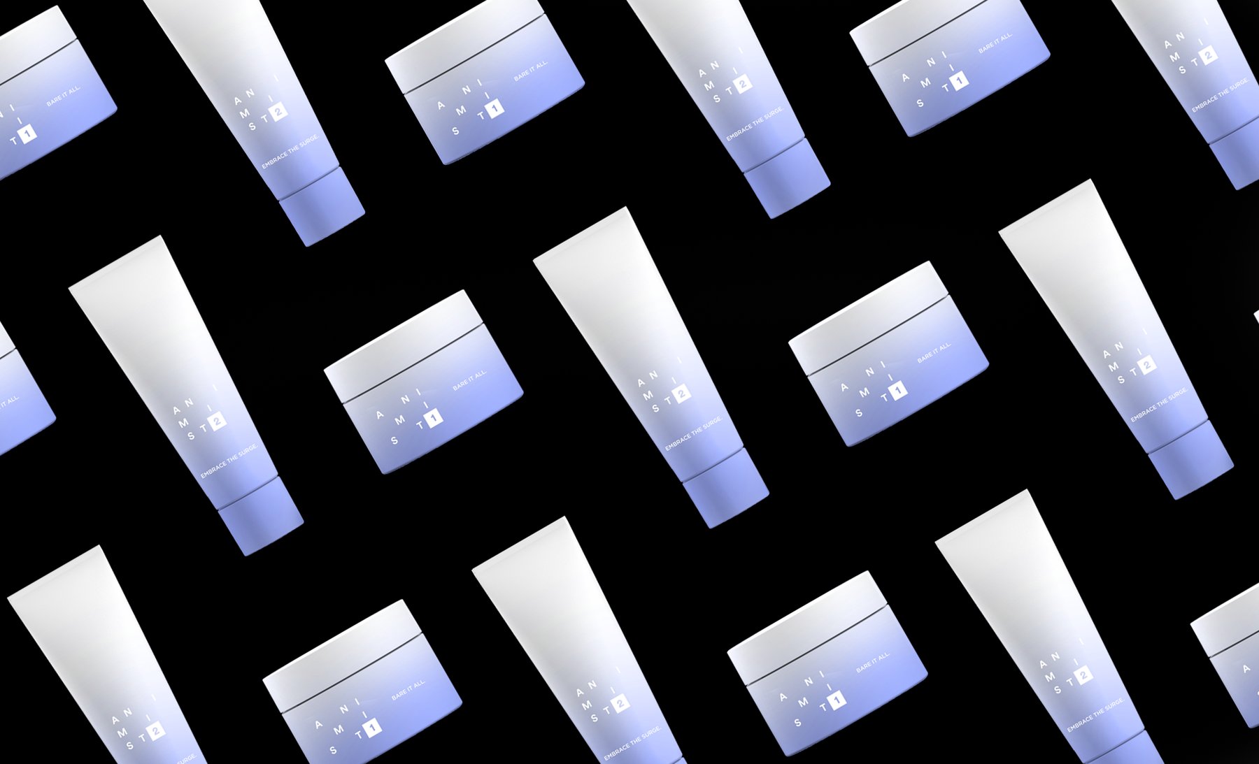 Animist tubes and jars in white and periwinkle on black