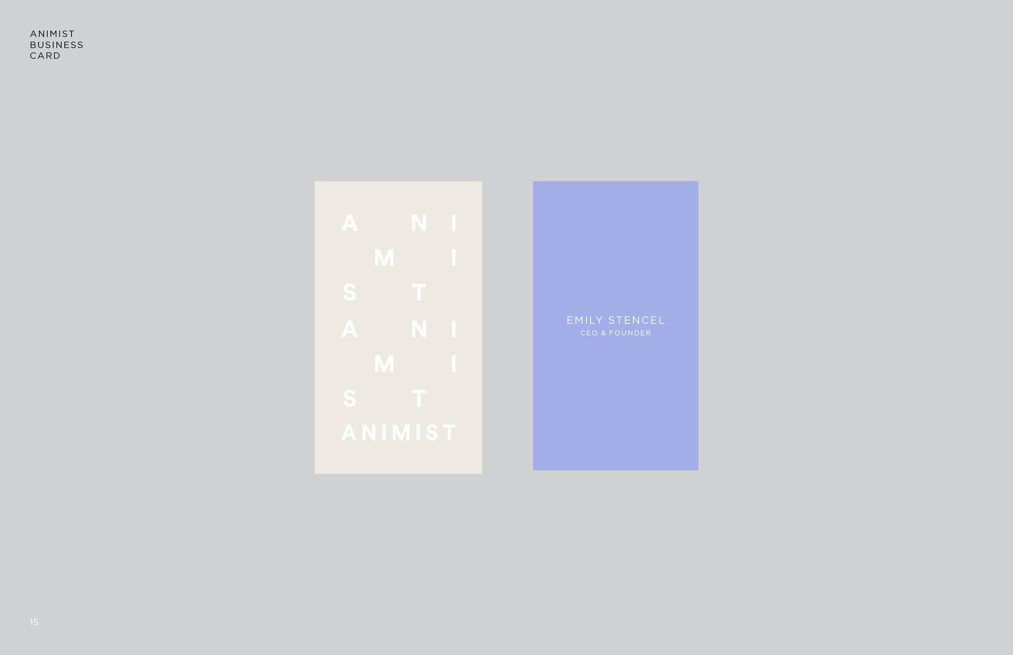 Identity guide page: two business cards, the letters of Animist stepped down a cream card and a periwinkle back with the founder’s name
