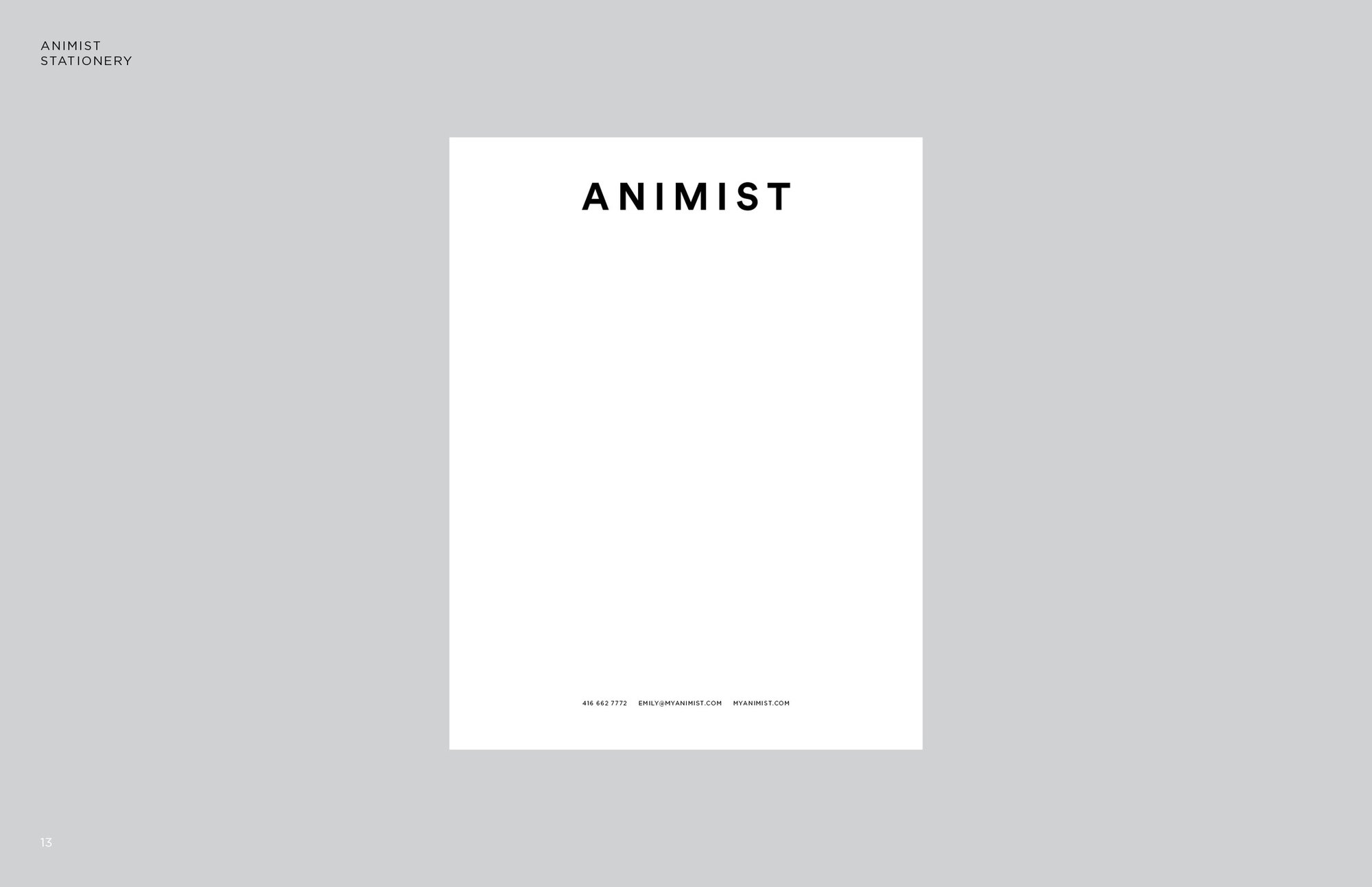 Identity guide page: the Animist letterhead, the spaced wordmark at the head of a white sheet on gray