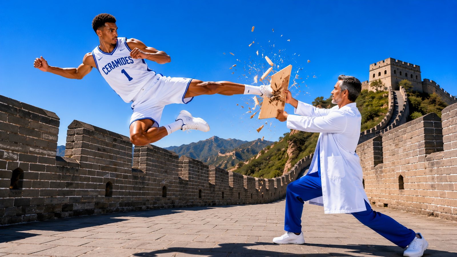 AI concept frame: the player in a CERAMIDES jersey kicks through a board held by a man in a lab coat on the Great Wall