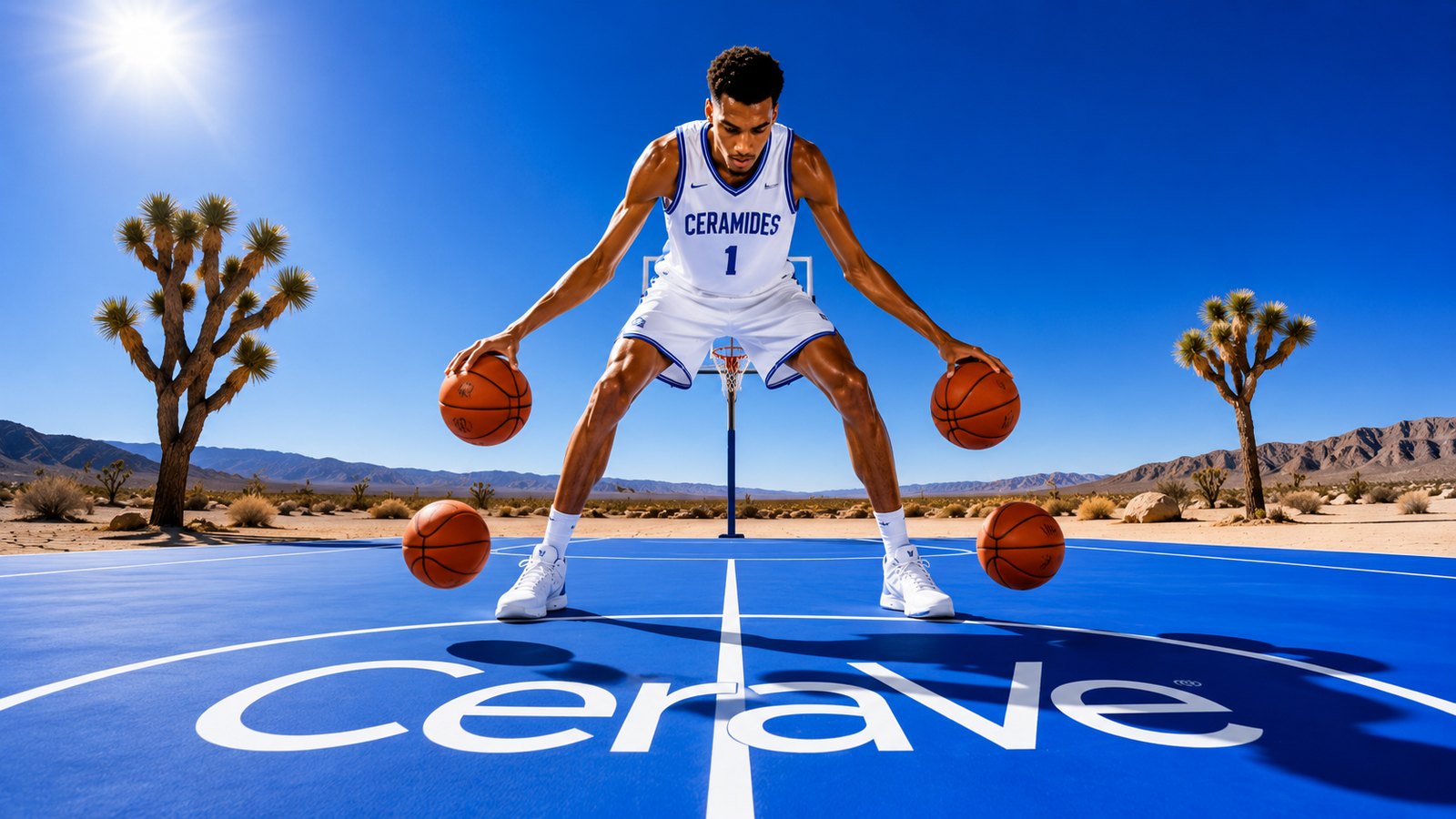 AI concept frame: a basketball player in a white CERAMIDES jersey dribbling two balls on a blue desert court painted with the CeraVe logo
