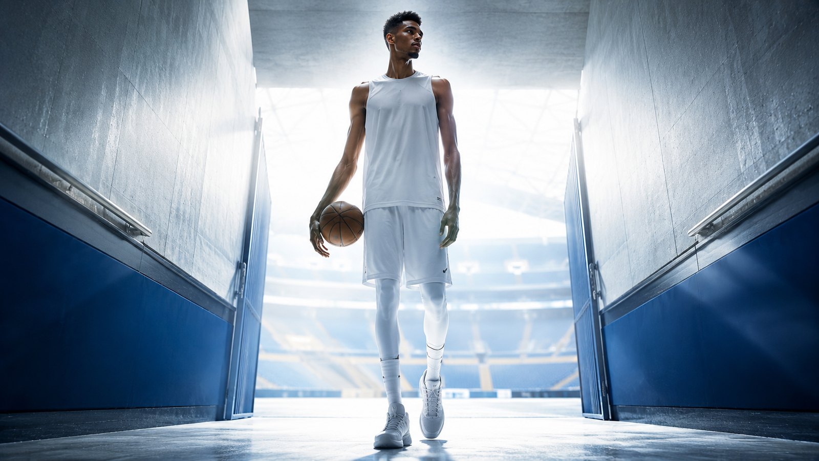 AI concept frame: the player in white walking out of a stadium tunnel into the light, a ball in one hand