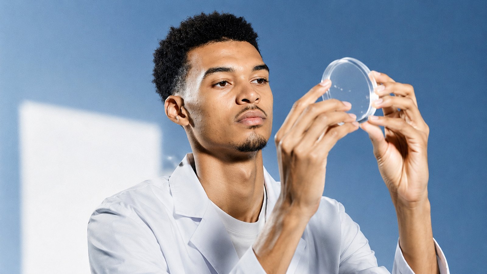AI concept frame: the player in a lab coat holding a petri dish up to the light
