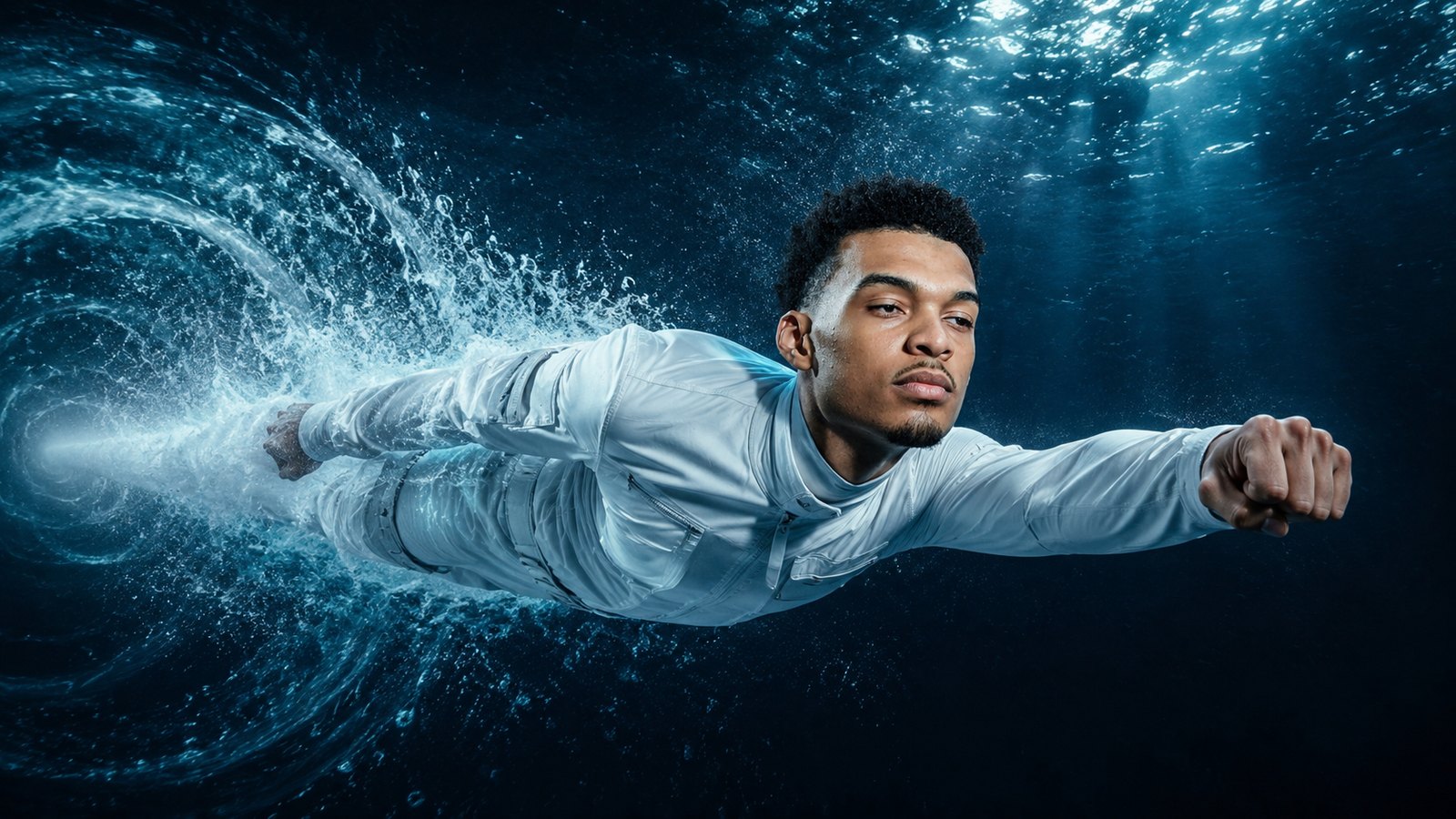 AI concept frame: the player in a pale tracksuit flying underwater through a spiral of water