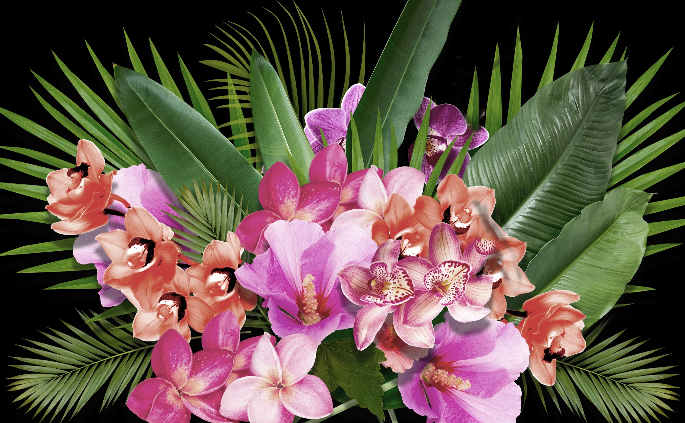 The final print: pink and lilac orchids, hibiscus and coral cymbidiums in a bouquet of palm leaves on black