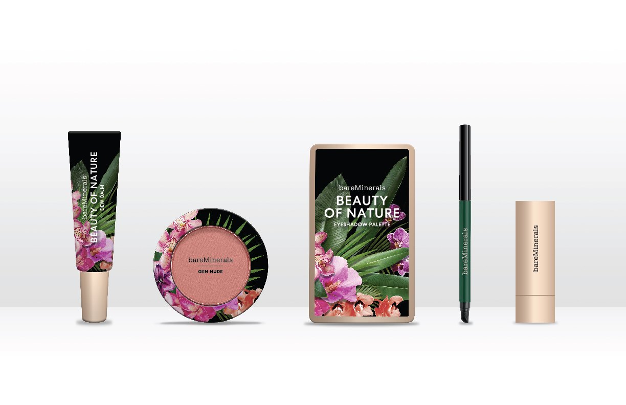 The print on the Glow Balm tube, the blush compact and the eyeshadow palette, beside a green liner and a lipstick, on white