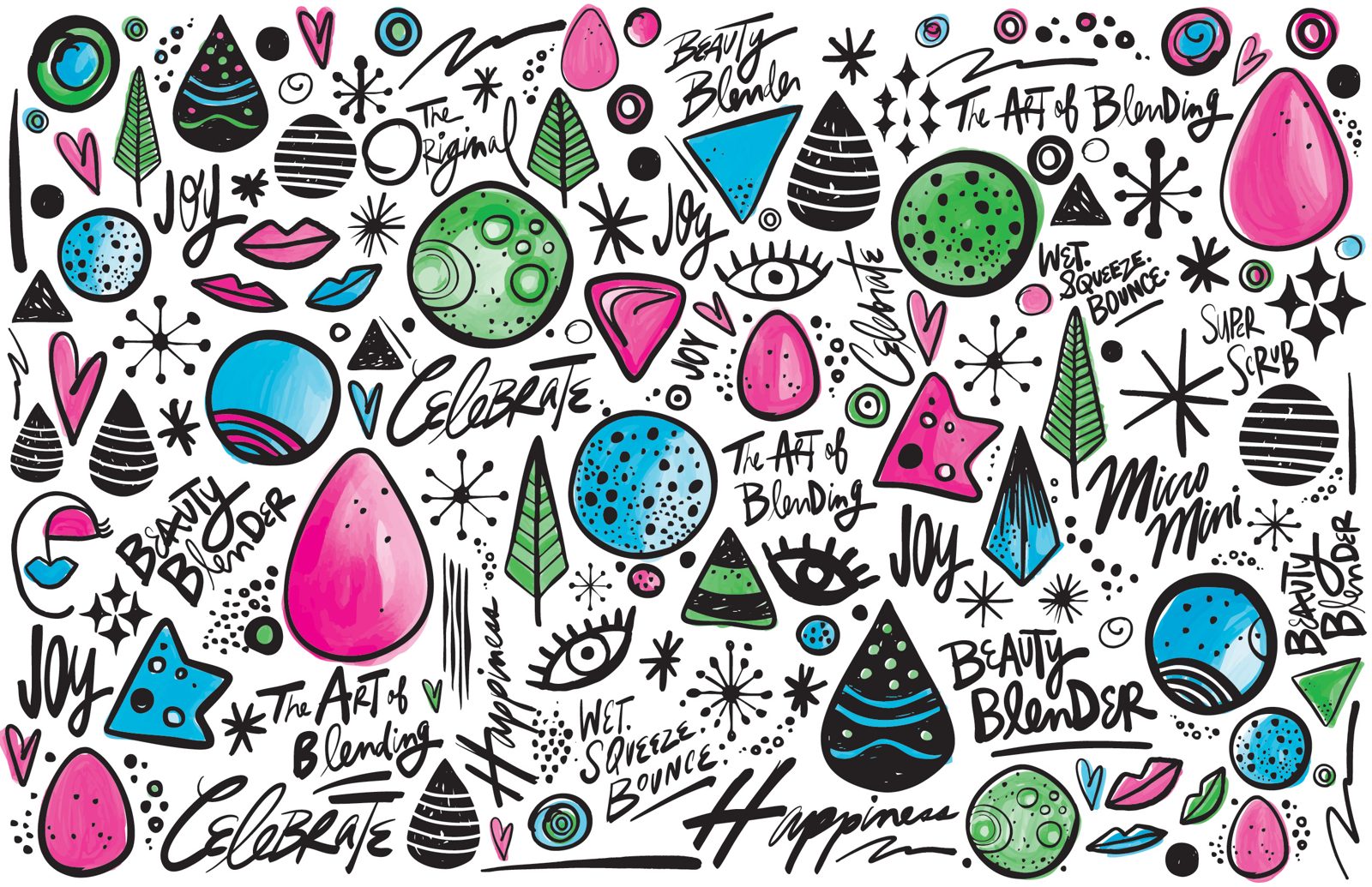 Beautyblender Holiday 2025 hand-drawn pattern in full color