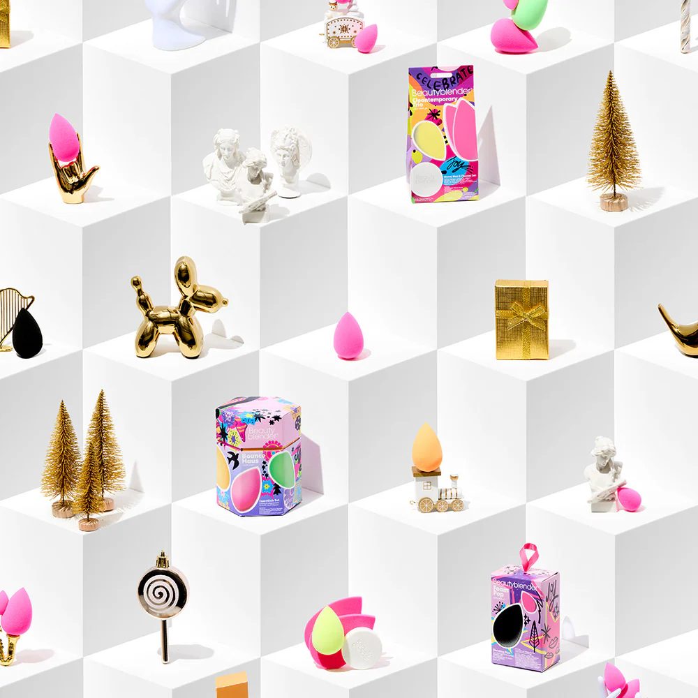 The holiday collection among white and gold ornaments