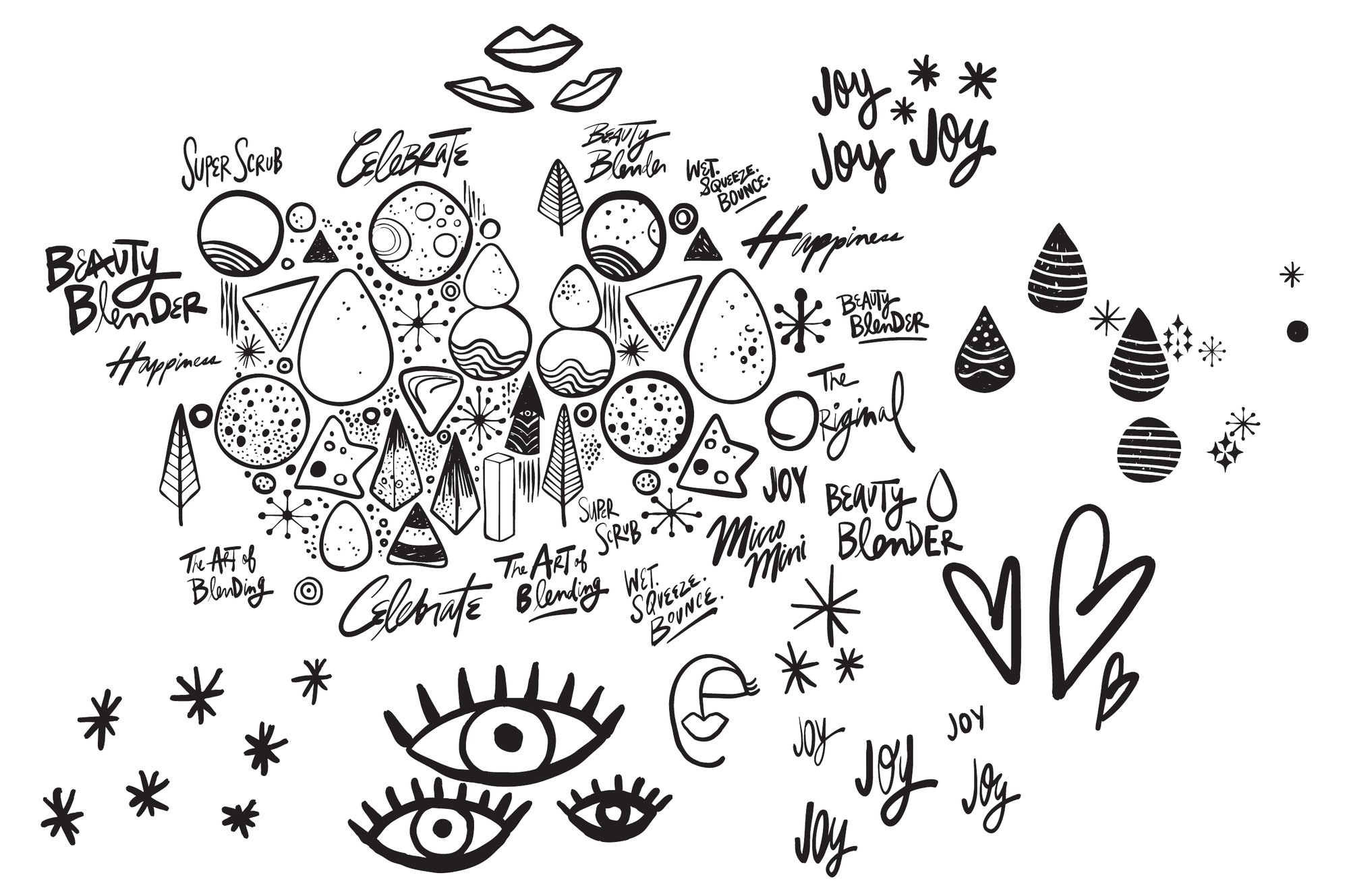 Every element in black line before the repeat: sponges, lettering, eyes, lips, hearts and stars