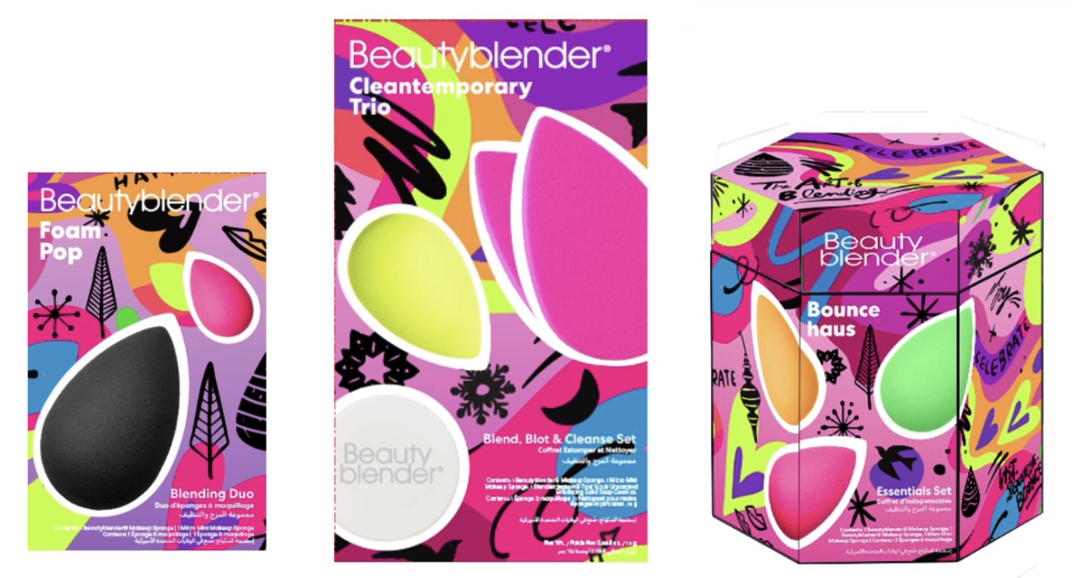 Flat pack art for the Foam Pop, Cleantemporary Trio and Bounce Haus sets, covered in hand-drawn trees, stars and lettering
