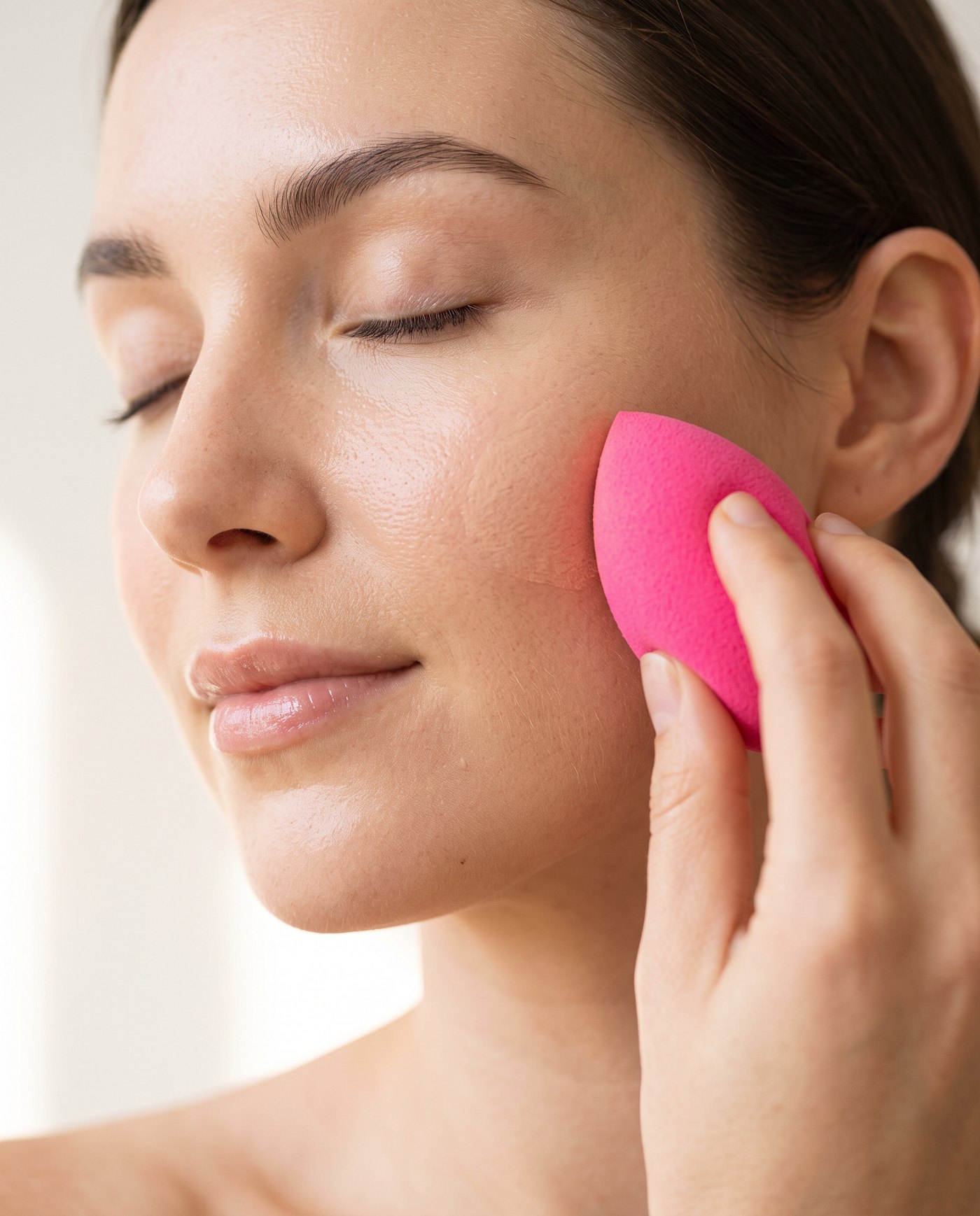 A woman with eyes closed pressing a pink Beautyblender sponge to her cheek
