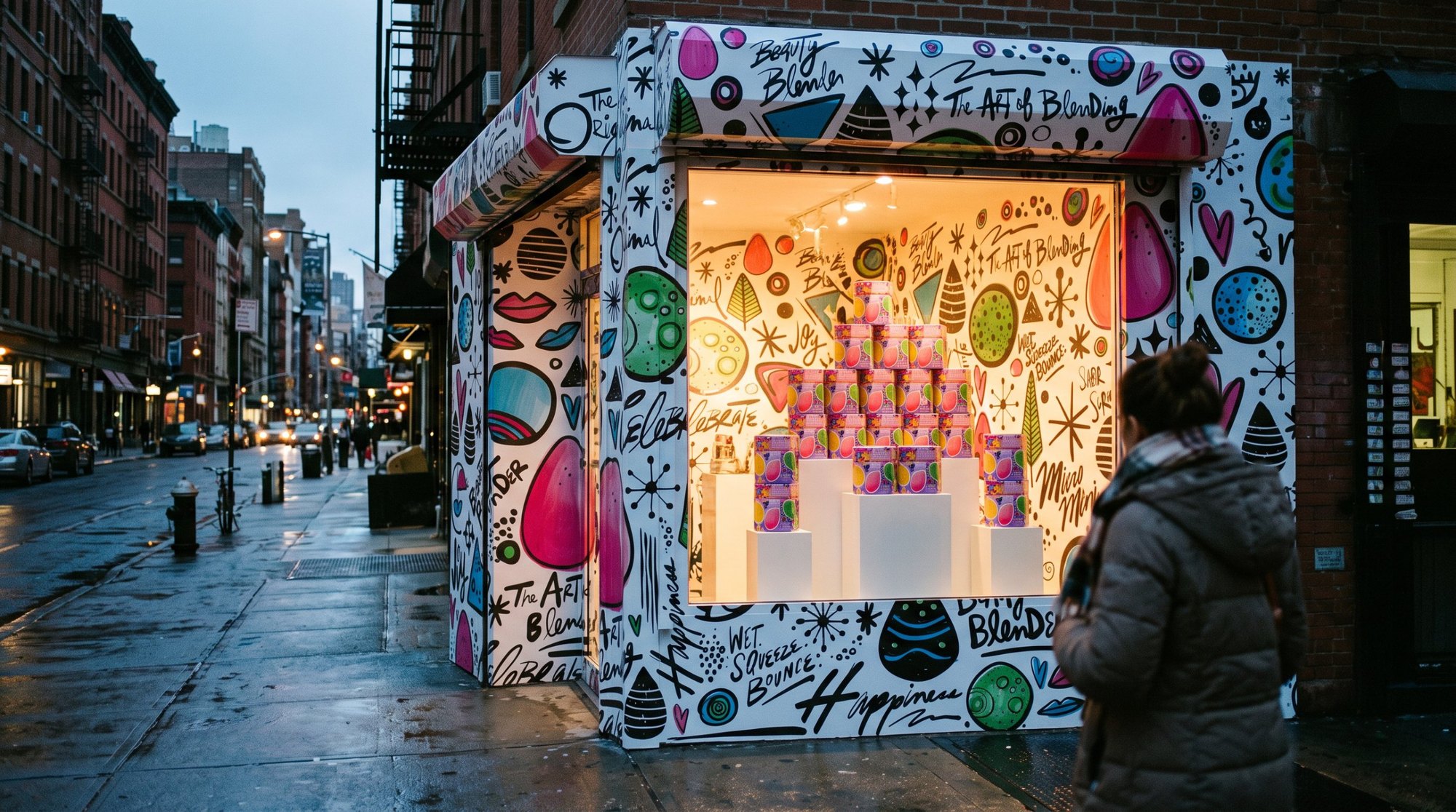 A corner shop wrapped in the pattern at dusk, a shopper looking in