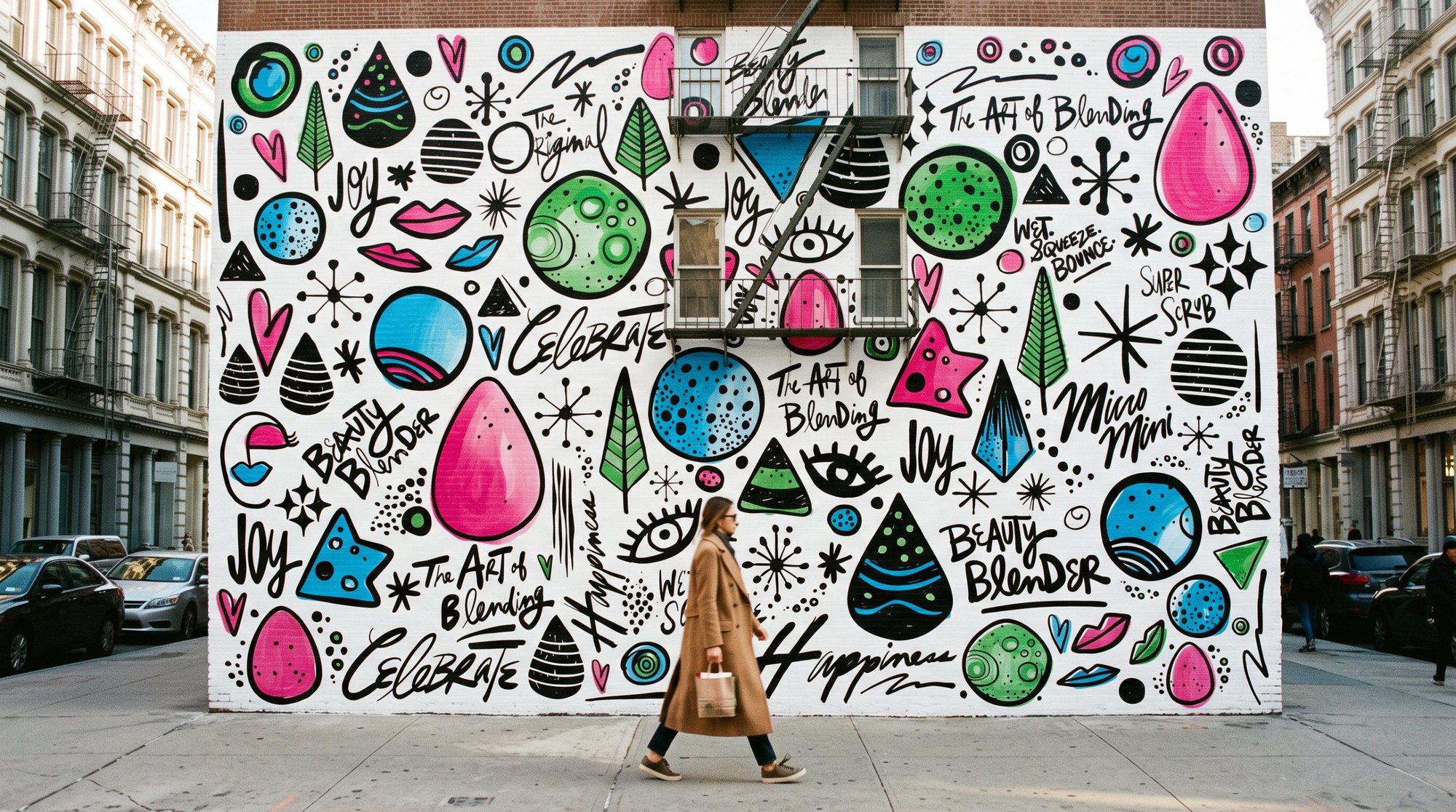 The Beautyblender holiday pattern painted across a full building wall, a woman walking past