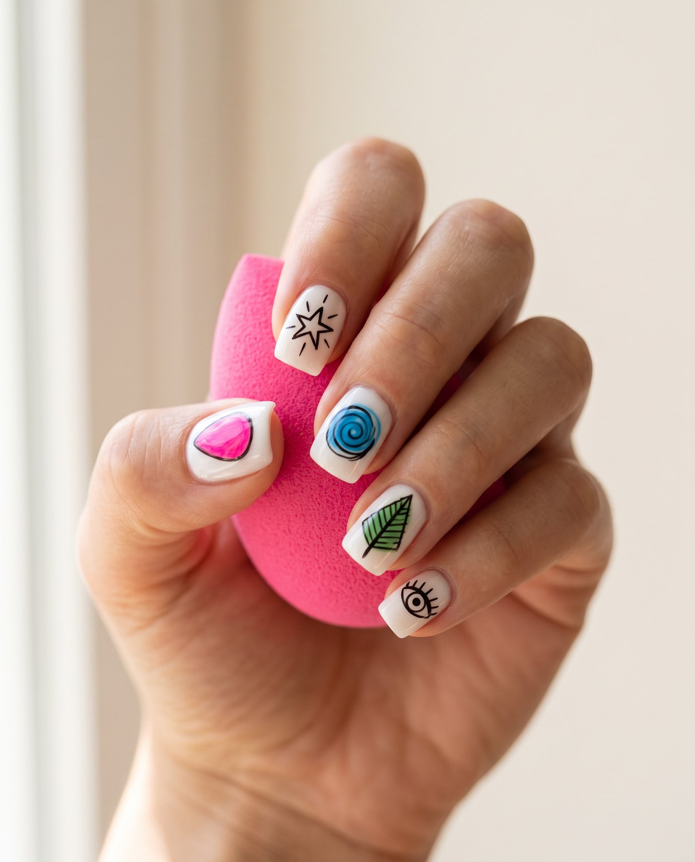 A hand holding a pink sponge, each nail painted with a doodle from the pattern