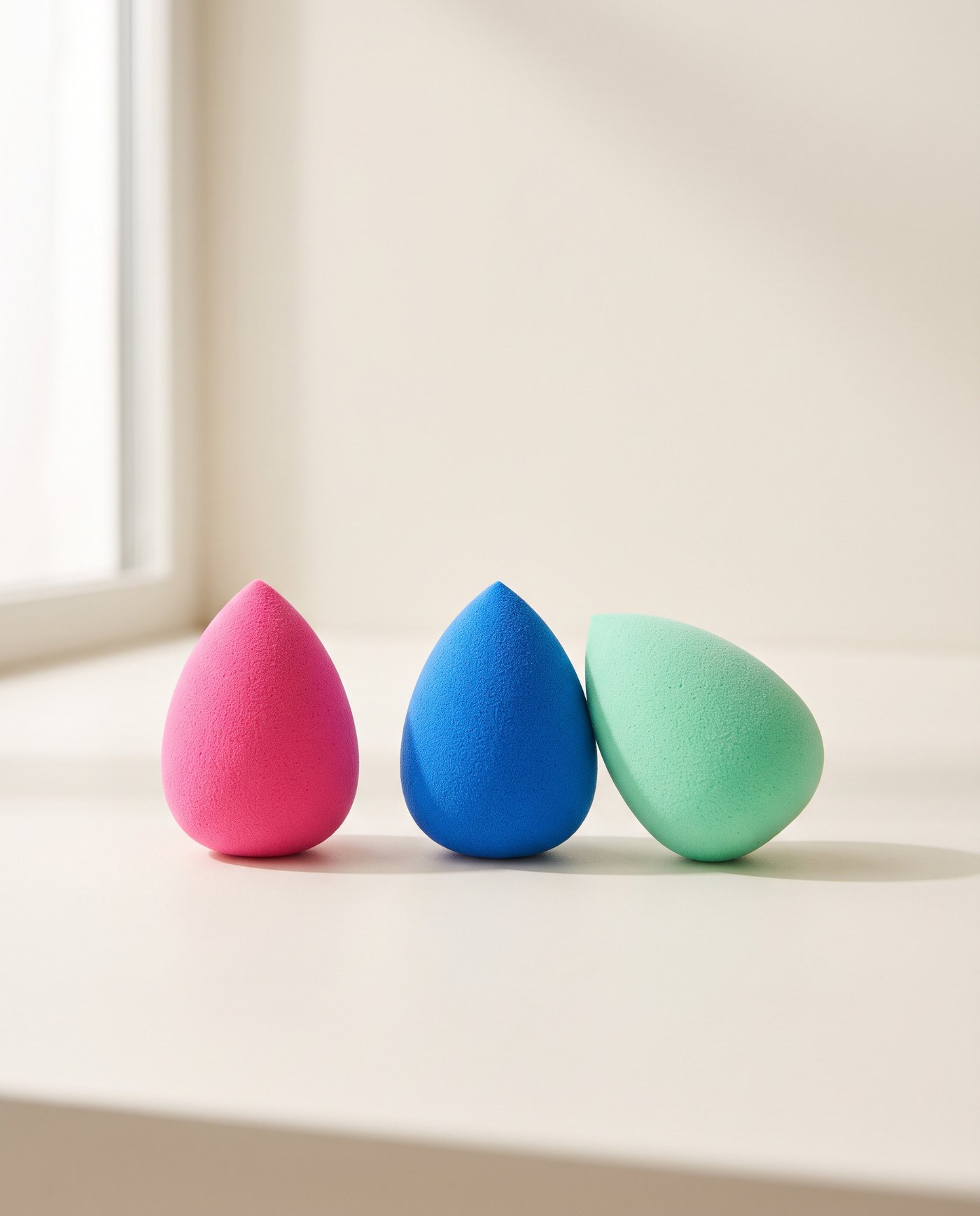 Pink, blue and mint Beautyblender sponges lined up on a sunlit windowsill