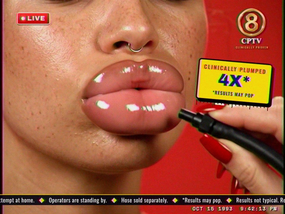 Ep. 04 in 4:3: close on glossy lips swelling around a hose, the tag Clinically plumped 4X