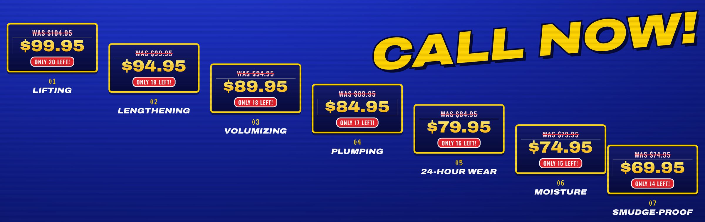 The price ladder: price boxes stepping down from $99.95 for Lifting to $69.95 for Smudge-Proof, only 20 left down to only 14 left, CALL NOW! in yellow
