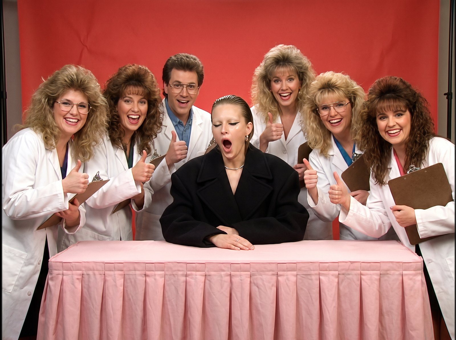 Style frame, recast: the same lab coats and pink table around a yawning model in a black sculptural coat with bleached brows