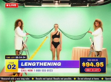 Style frame, item 02, Lengthening: two lab coat assistants on ladders stretch a model’s lashes across a green studio
