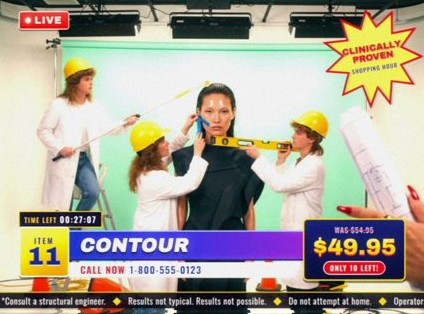 Style frame, item 11, Contour: assistants in hard hats hold a spirit level to a model’s face