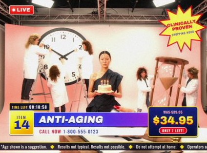 Style frame, item 14, Anti-Aging: a model holding a birthday cake beside a giant clock and an hourglass