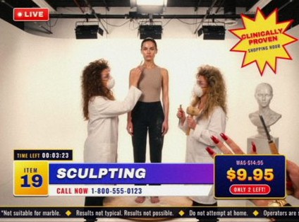 Style frame, item 19, Sculpting: assistants in dust masks with a chisel beside a model and a plaster bust