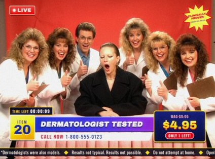 Style frame, item 20, Dermatologist Tested: a model yawning behind a table while lab coat assistants give the thumbs up