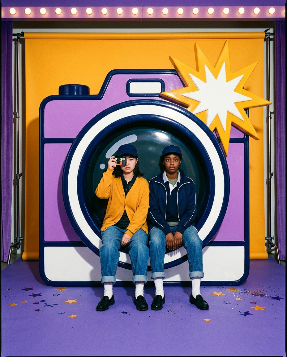 Two friends in denim and navy sitting inside the lens of a giant purple camera, one holding a disposable camera to her eye