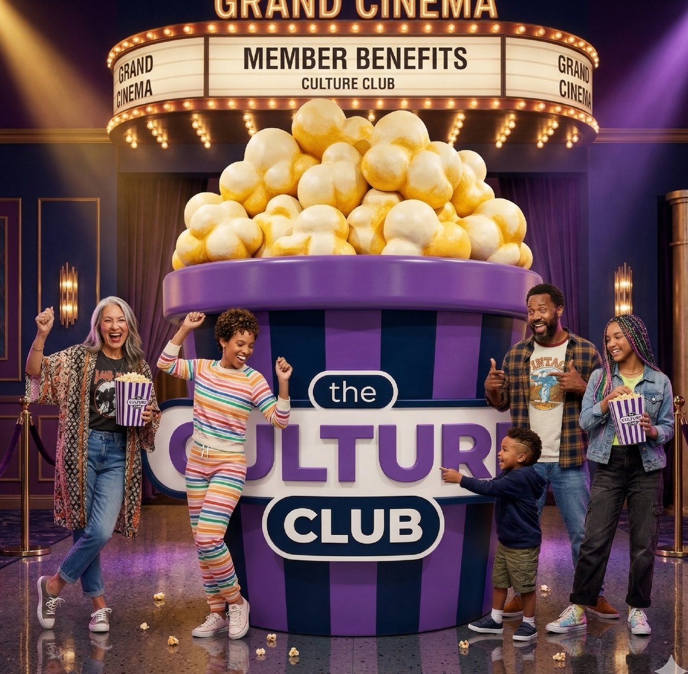 Store concept: a giant striped popcorn bucket branded The Culture Club under a Member Benefits cinema marquee