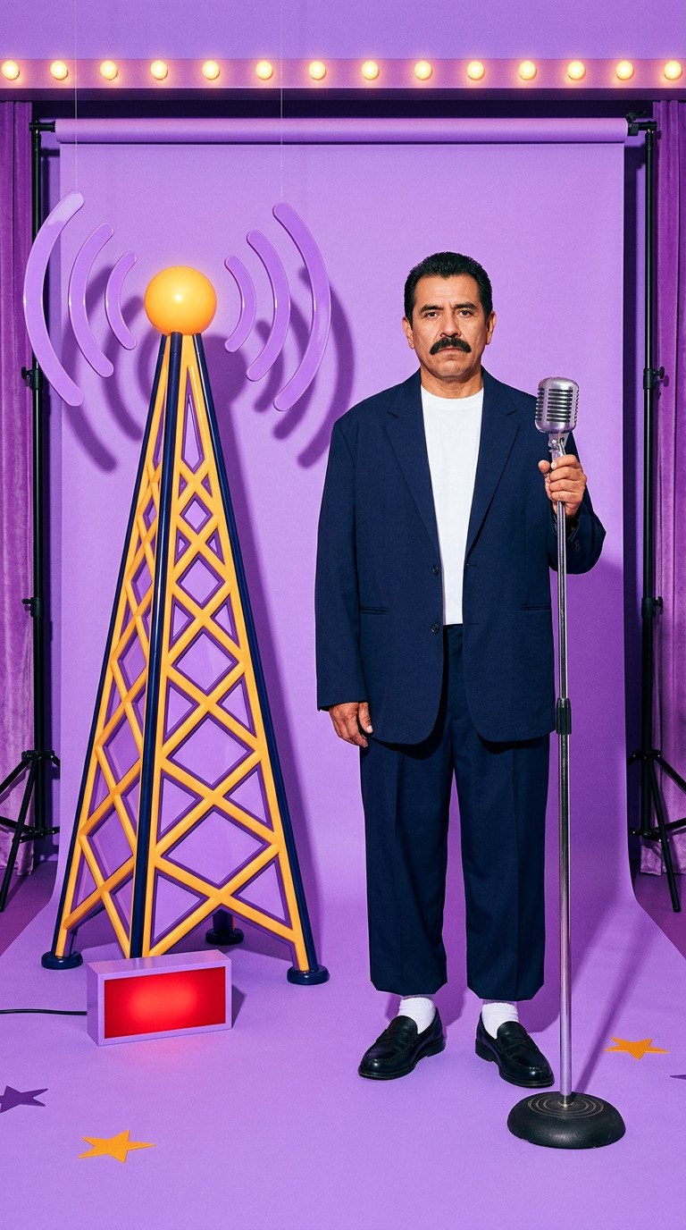 A man in a navy suit at a vintage microphone beside a giant broadcast tower on a lilac set