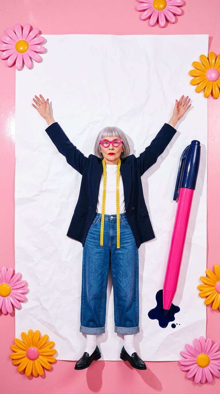 The Edit stylist lying on crumpled paper with arms raised, a tape measure and a giant pink pen beside her