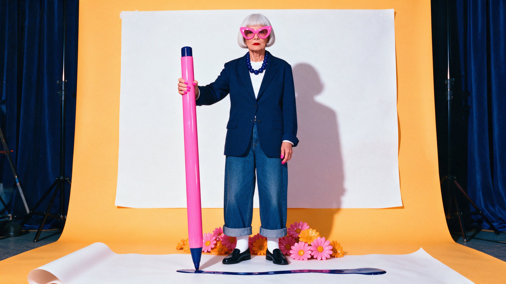 The Edit stylist in pink cat-eye glasses holding a giant pink pen that writes a navy line across the paper