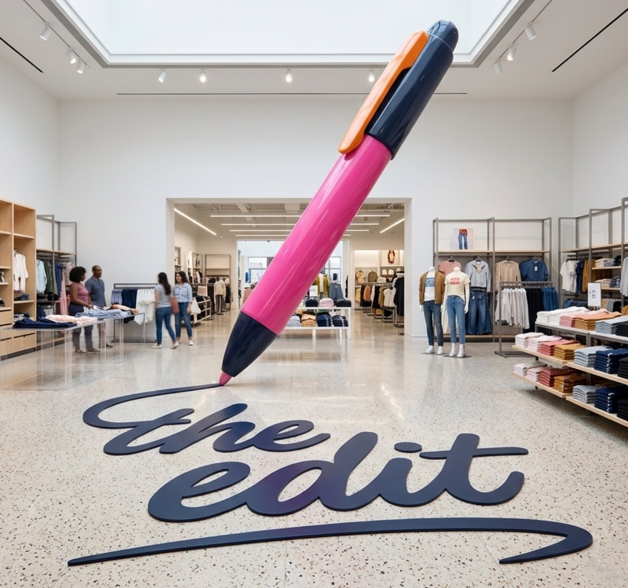Store concept: a giant pink pen writing The Edit across a store floor