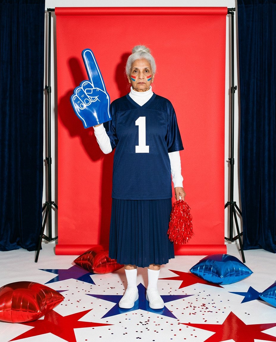 A grandmother in a number 1 jersey and pleated skirt with a blue foam finger and a red pom-pom, face paint on her cheeks