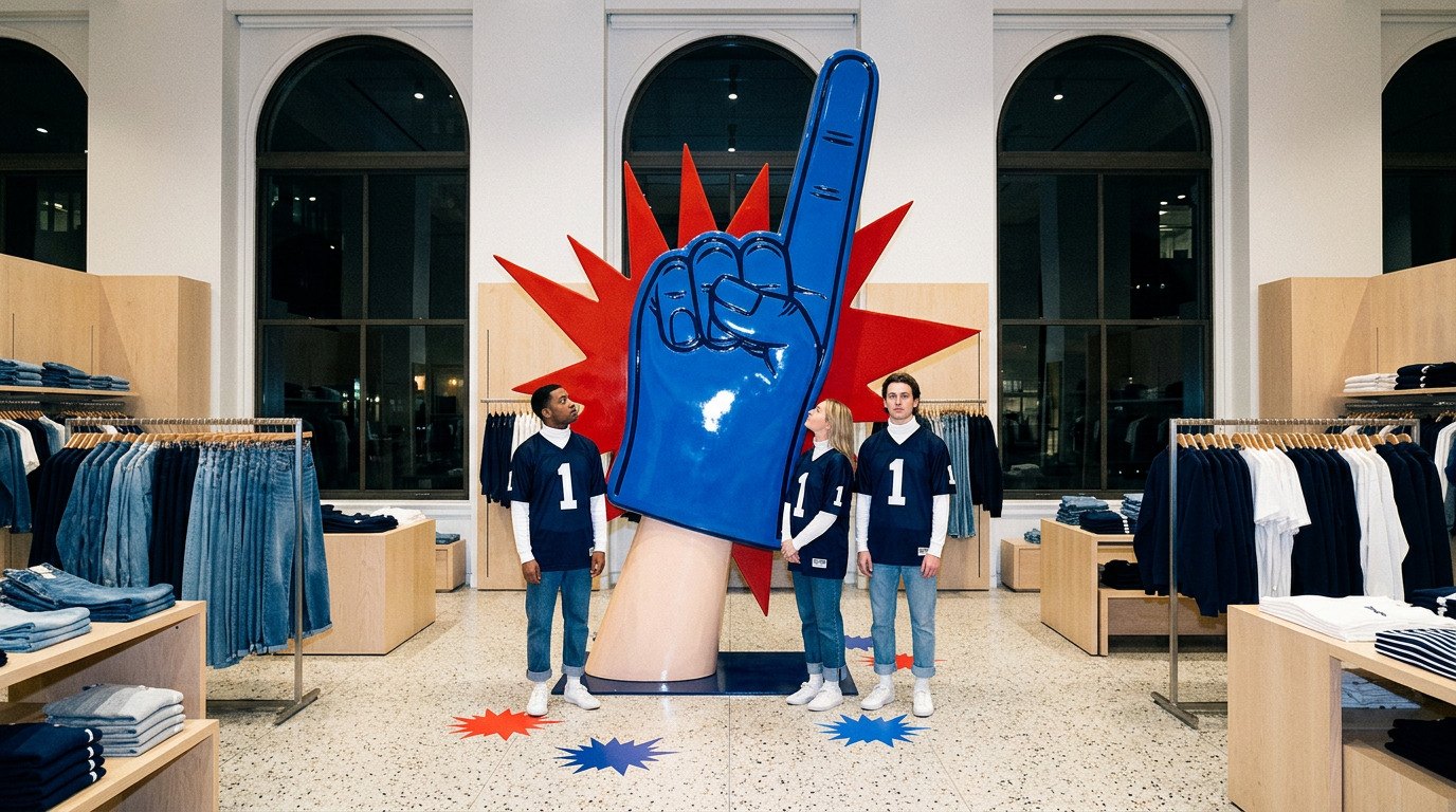 Three fans in number 1 jerseys under a giant blue foam finger and red starburst in an Old Navy store
