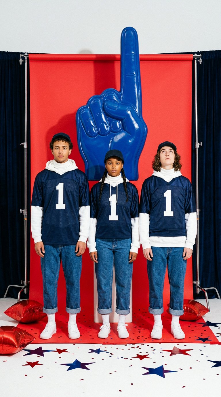 Three fans in matching number 1 jerseys, caps and rolled denim under a giant blue foam finger on a red backdrop