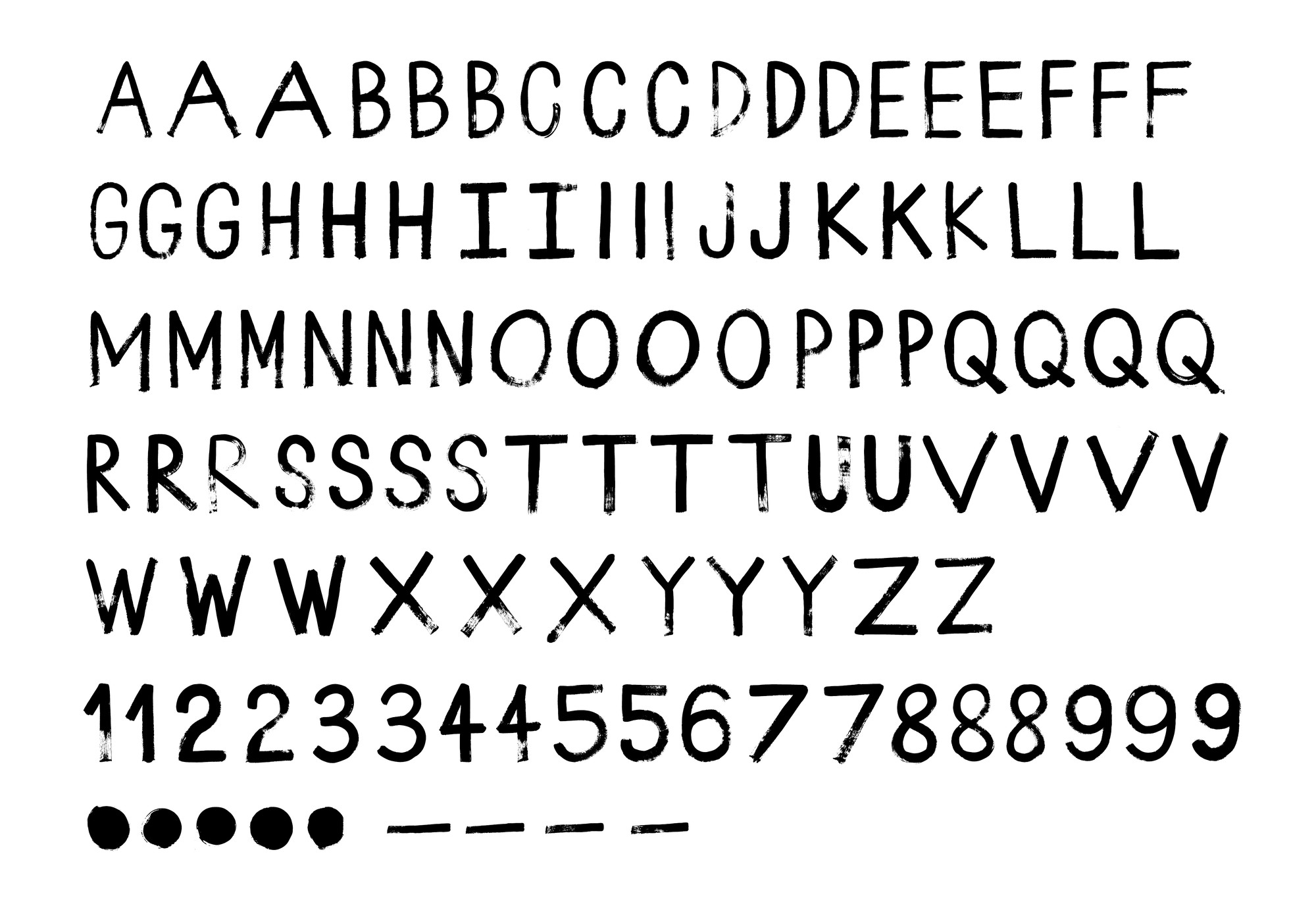 The painted alphabet, black on white: every capital in two to five versions, the figures, dots and dashes