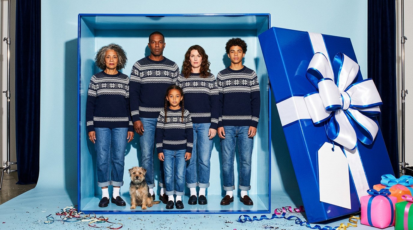 A family in matching navy Fair Isle sweaters and denim standing inside an open gift box, with a giant blue bow and a blank tag